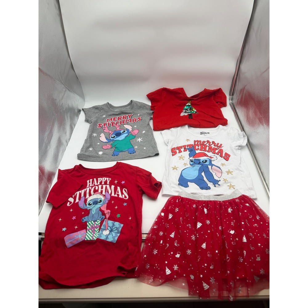 Disney Stitch Girls Christmas Shirt Lot & Jumping Beans Sequin Tutu Skirt